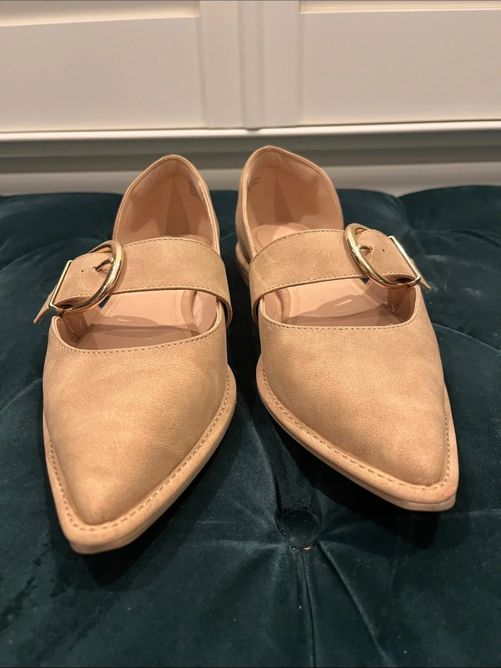 Yellow Box Women's Beige Pointed Mary Jane Flats with Gold Buckle and Rubber Sol